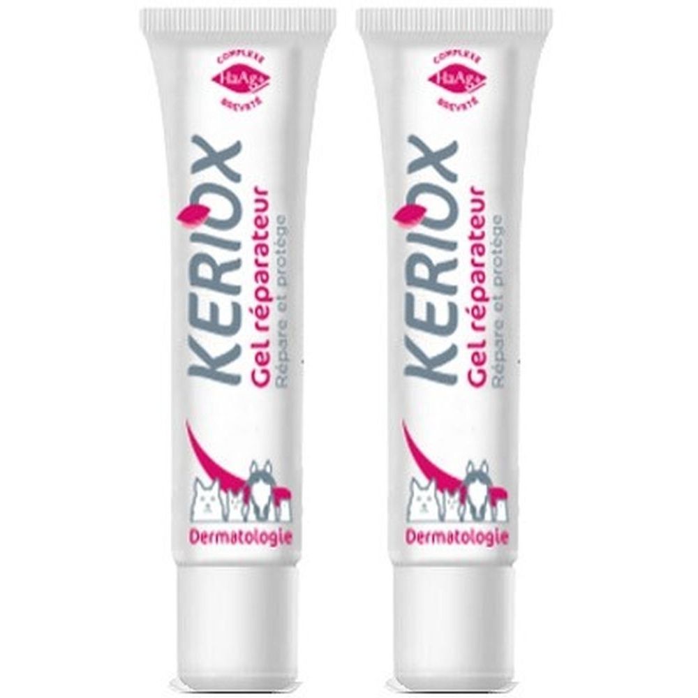 Deux tubes de Keriox Gel réparateur. Tubes blancs avec texte et logo roses. Inscription : Dermatologie.