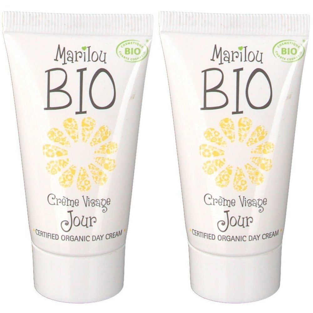 Deux tubes de crème pour le visage. Inscription: Marilou Bio, certification bio, Crème Visage Jour, Certified Organic Day Cream.