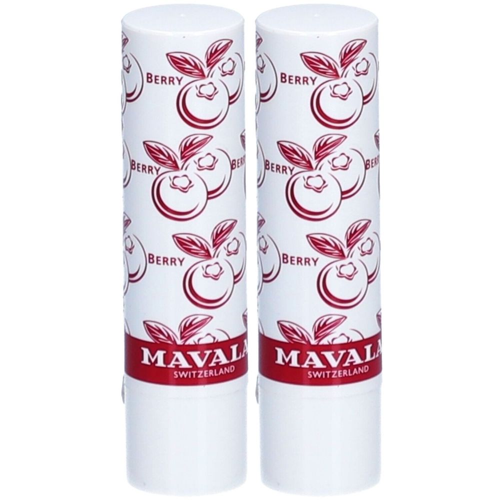 Deux sticks à lèvres cylindriques. Blancs avec motif de baies rouges et inscription "BERRY". Marque : MAVALA SWITZERLAND.