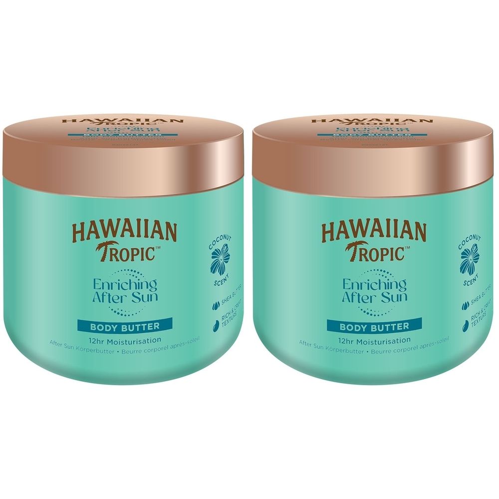 Zwei runde Tiegel mit türkisfarbenem Etikett und goldfarbenem Deckel. Auf dem Etikett steht "HAWAIIAN TROPIC" und "Enriching After Sun Body Butter".