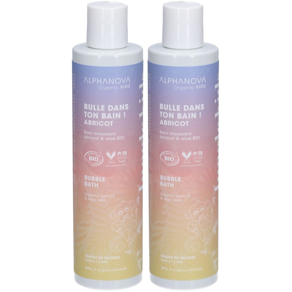 Deux flacons de bain moussant Alphanova Kids. Inscription : Bulle dans ton bain ! Abricot. Certifié Bio et logo Vegan.