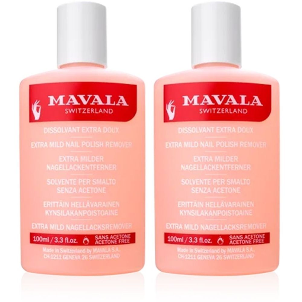 Deux flacons de dissolvant. Liquide rose dans des flacons transparents avec bouchon blanc. Inscription : MAVALA, sans acétone.