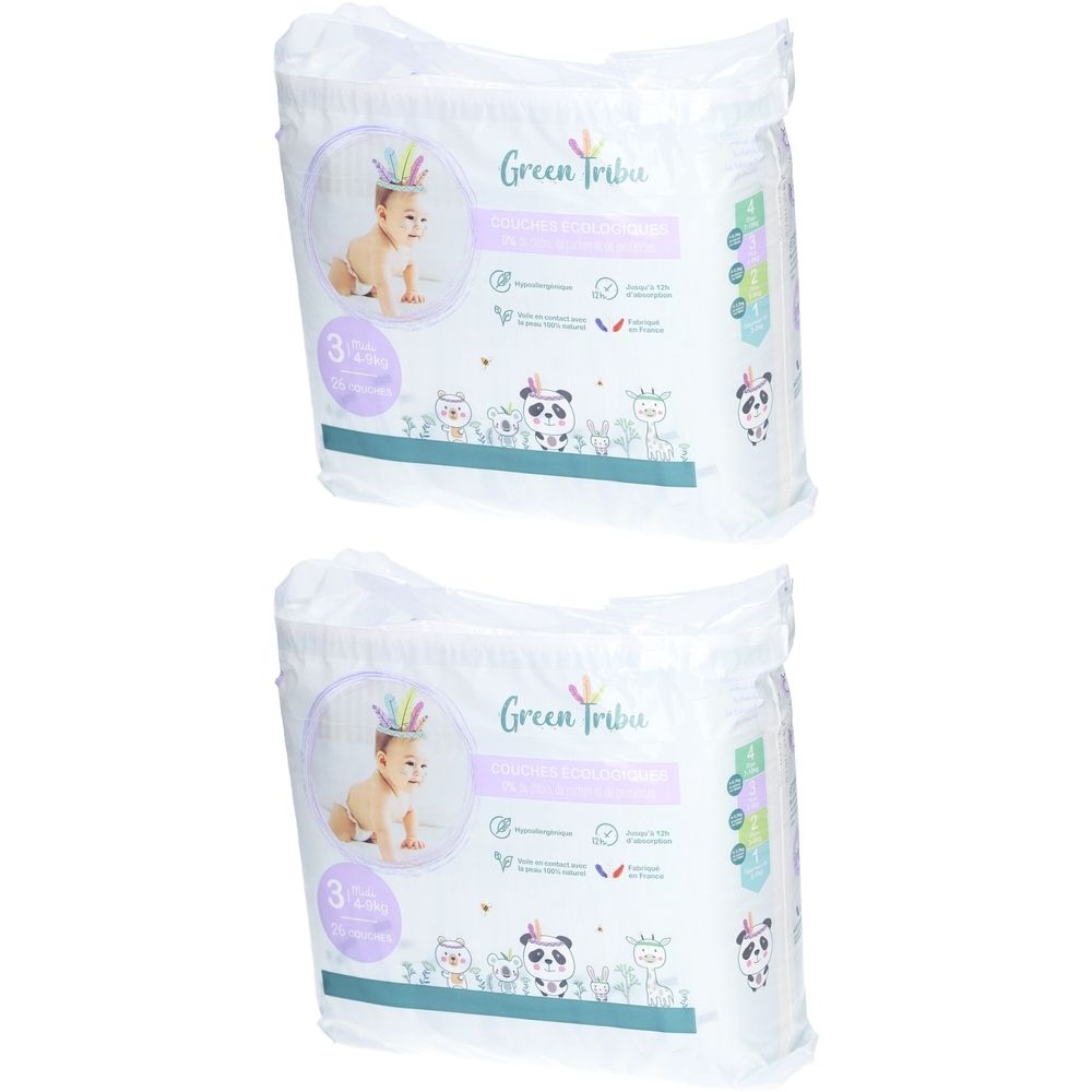 Zwei Packungen Windeln. Aufdruck: Green Tribu, Baby, Größe 3. Verpackung mit Baby-Illustration und Tierfiguren.