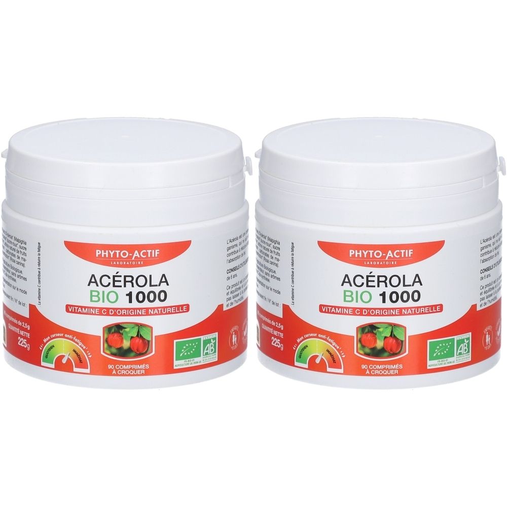 Zwei weiße Dosen mit roter und grüner Beschriftung. Aufschrift: PHYTO-ACTIF, ACÉROLA BIO 1000, Vitamine C d'origine naturelle. Bio-Siegel.