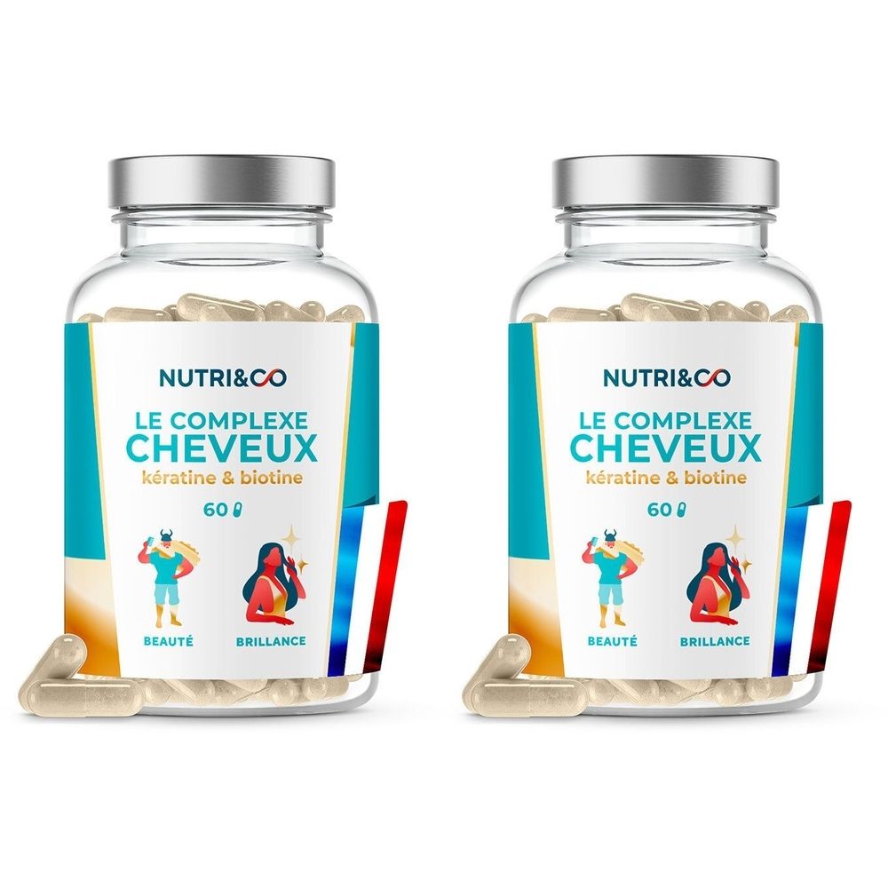 Zwei Flaschen mit Kapseln. Aufschrift: NUTRI&CO, LE COMPLEXE CHEVEUX, Kératine & Biotine. Französische Flagge.