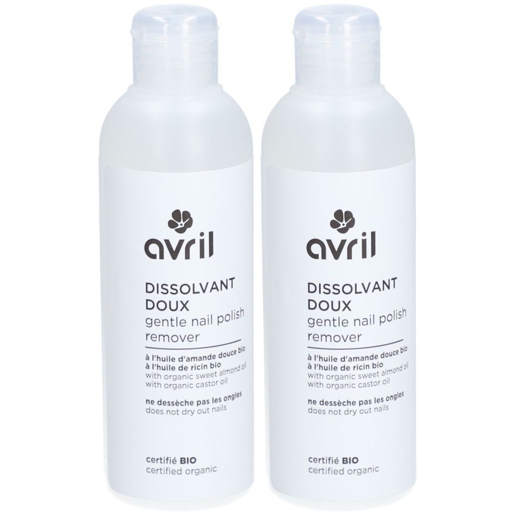 Zwei Flaschen Avril Nagellackentferner. Weiße Flaschen mit Etikett, Produktname und Bio-Zertifizierung. Aufschrift: sanft, entfernt Nagellack.