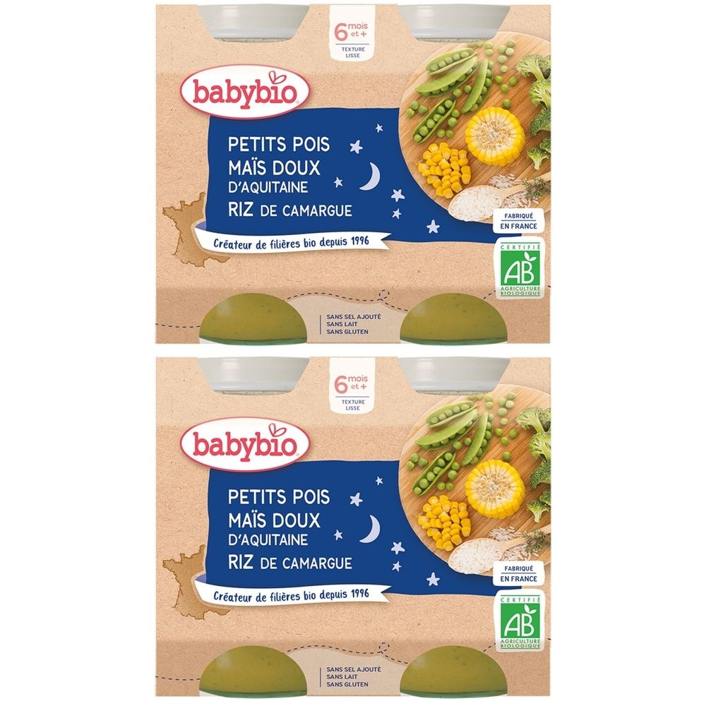 Verpackung mit Gläschen Babynahrung. Aufschrift: PETITS POIS, MAÏS DOUX, RIZ DE CAMARGUE. Bio-Siegel.