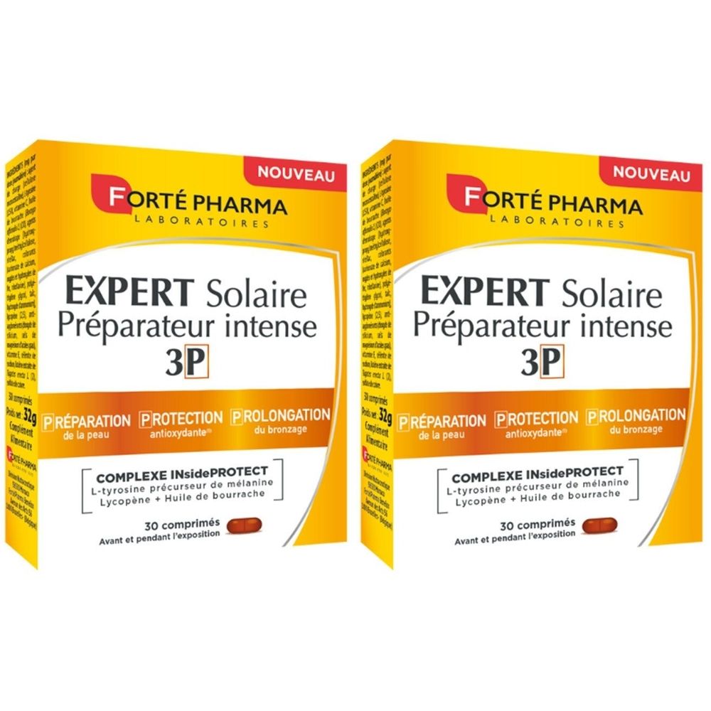 Zwei Packungen Forté Pharma Expert Solaire. Gelbe Verpackung mit Produktnamen und Text. Enthält 30 Tabletten.