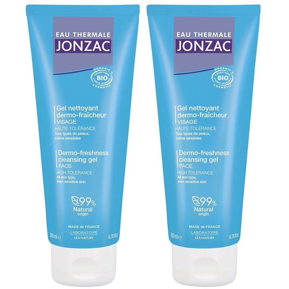 Zwei blaue Tuben mit weißem Verschluss. Aufschrift: JONZAC, Gel nettoyant dermo-fraîcheur, 99% Natural origin.
