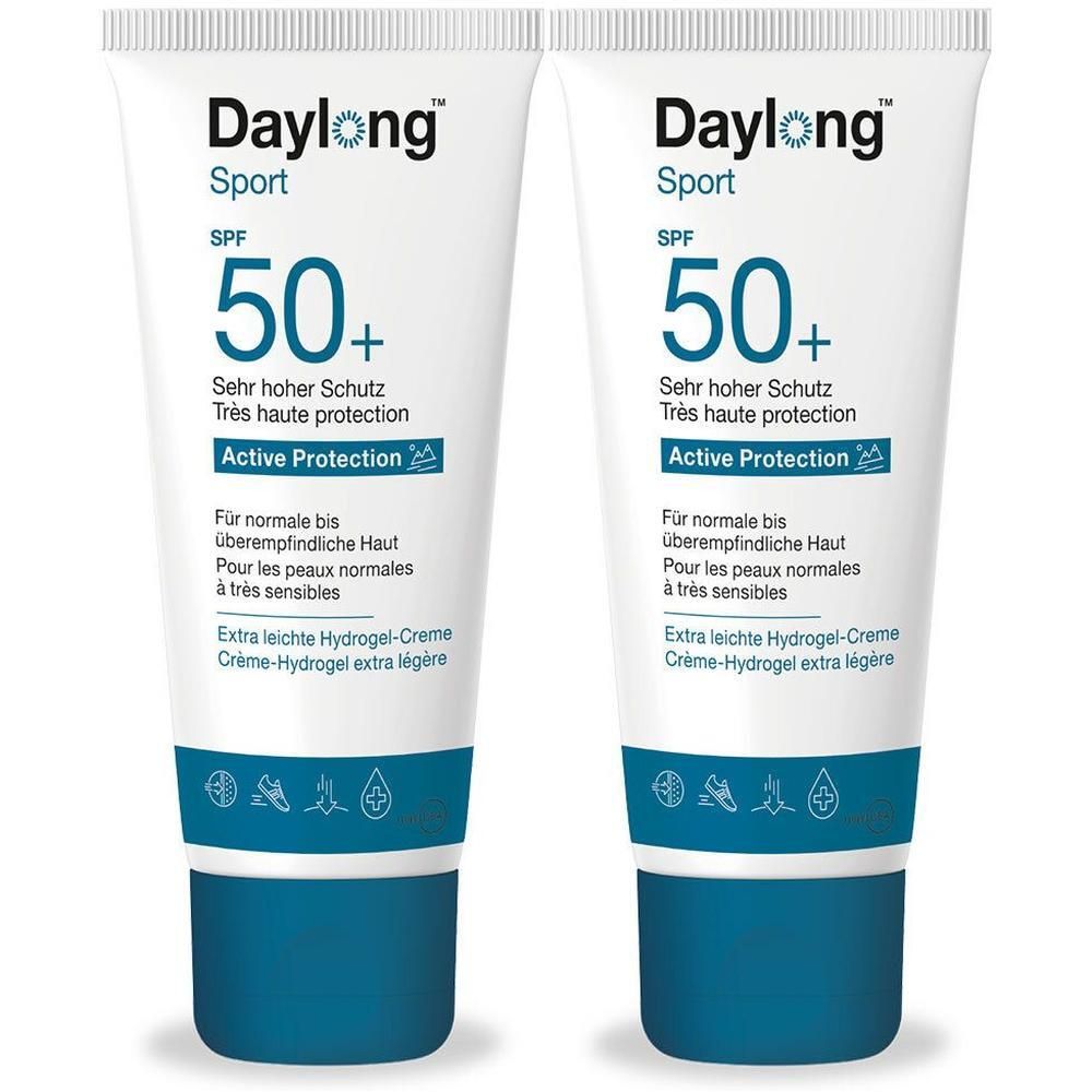 Zwei Tuben mit weißem Körper und blauem Deckel. Aufschrift: Daylong Sport SPF 50+. Extra leichte Hydrogel-Creme.