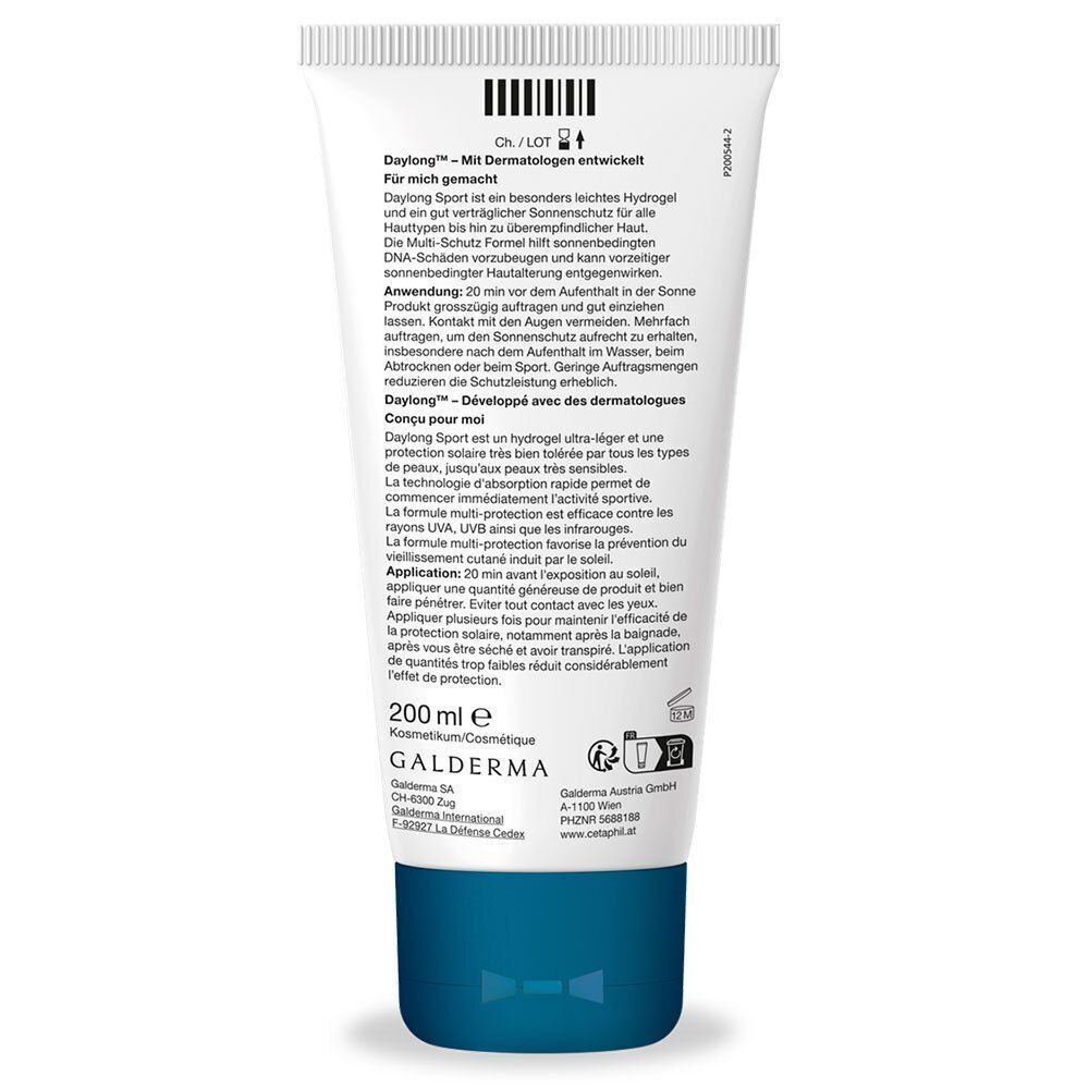 Rückseite einer Tube. Text in mehreren Sprachen. Aufschrift: Daylong Sport. 200 ml. Galderma.