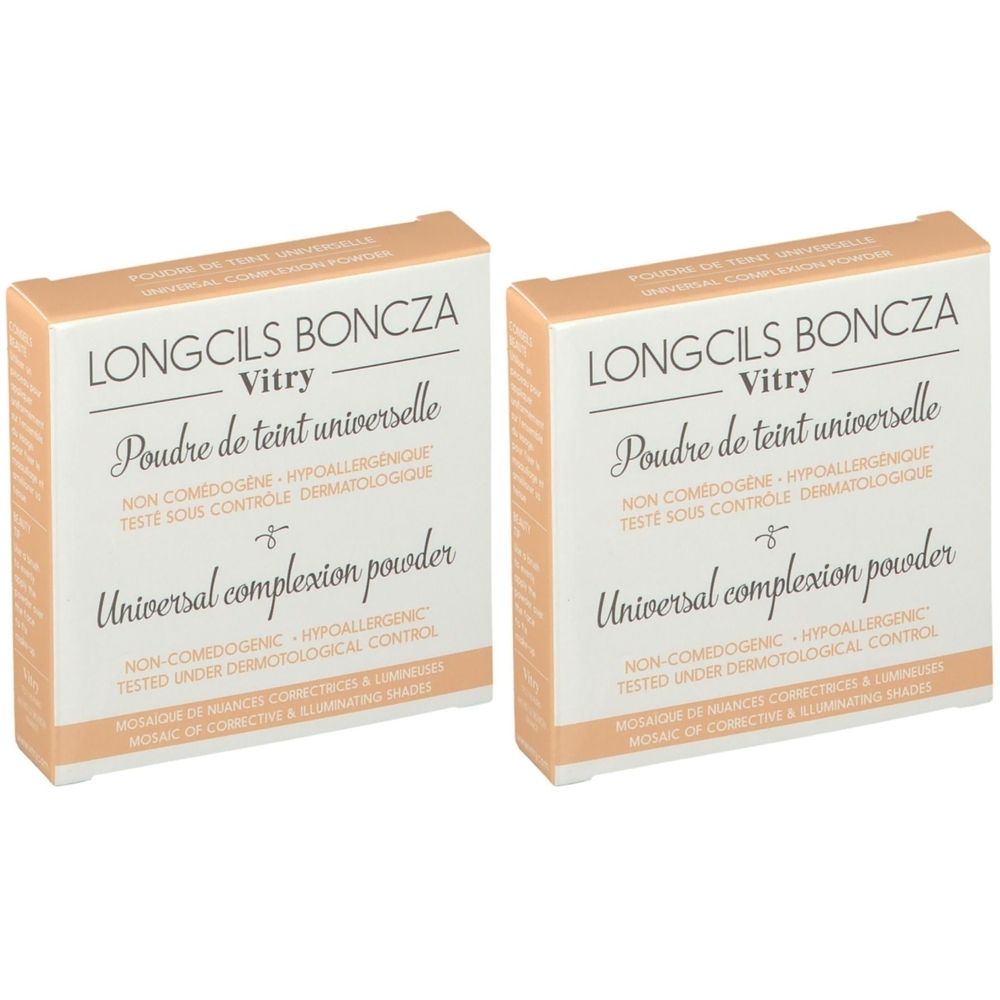 Deux boîtes rectangulaires avec l'inscription "LONGCILS BONCZA Vitry Poudre de teint universelle". Beige et blanc. Texte en français et anglais.