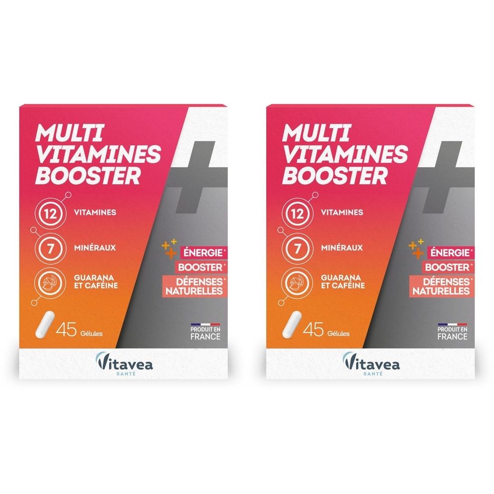Zwei Packungen mit der Aufschrift "Multi Vitamines Booster". Enthält 12 Vitamine, 7 Mineralien, Guarana und Koffein. Hergestellt in Frankreich.