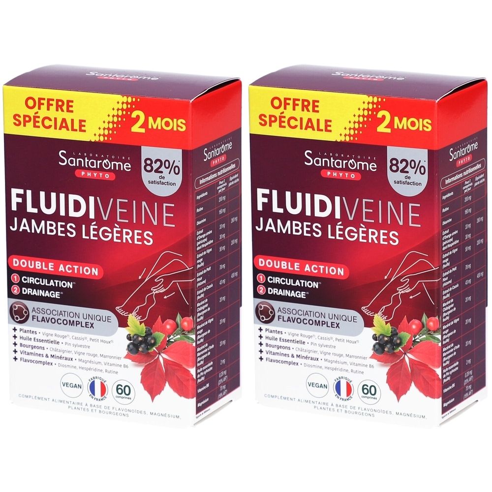 Deux boîtes de Santarome Fluidiveine. Inscription: Fluidiveine Jambes Légères, Double Action, 2 mois, Vegan, 60 gélules.