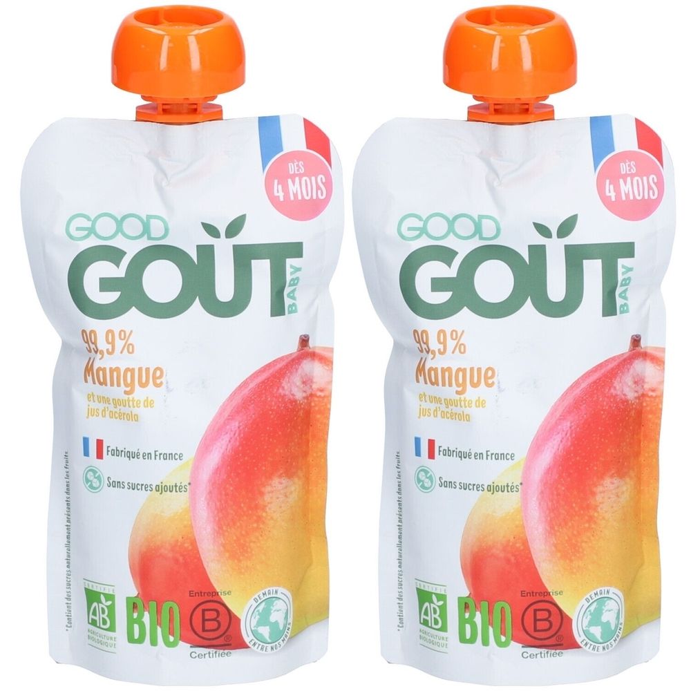 Deux gourdes Good Goût Baby Mangue. Inscriptions : 99,9%, Mangue, dès 4 mois, certification Bio. Avec bouchon orange.