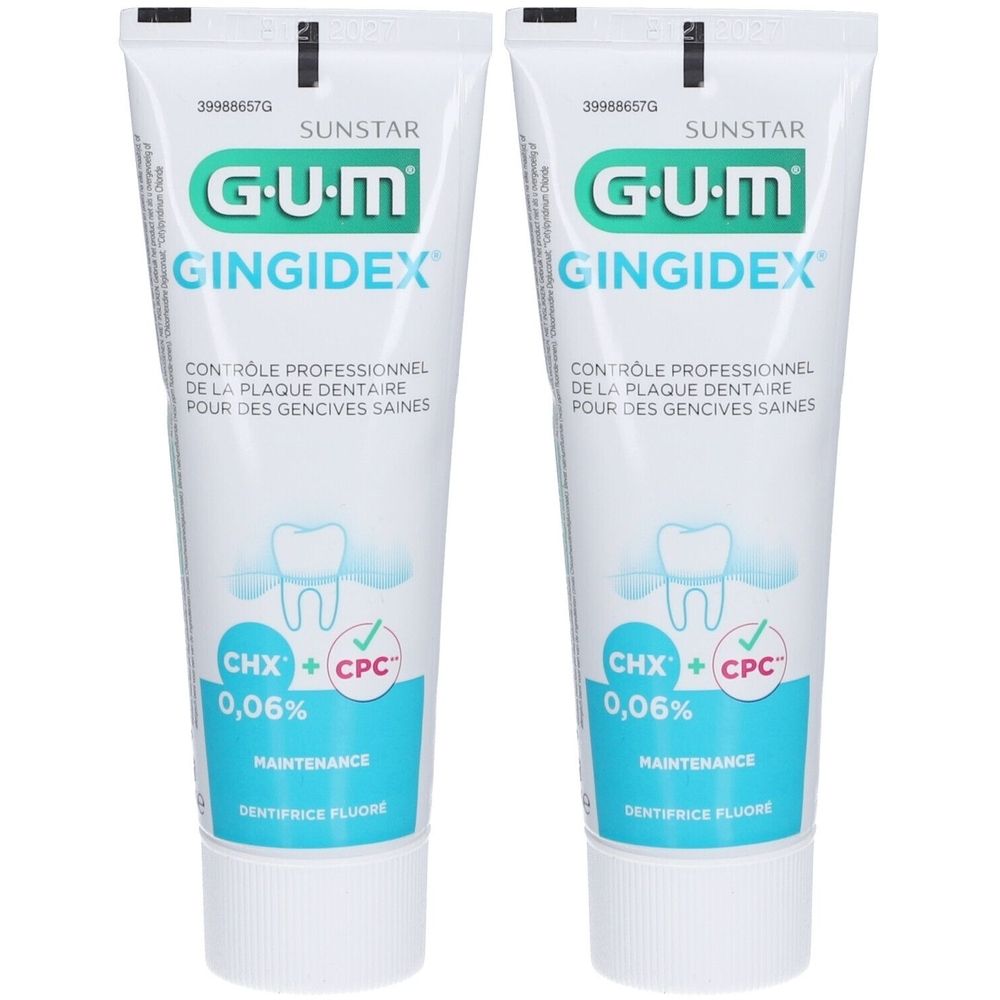 Zwei Tuben Zahnpasta. Aufschrift: GUM Gingidex, CHX + CPC 0,06%, Maintenance, Dentifrice Fluoré. Weiße Tuben mit grüner und blauer Schrift.