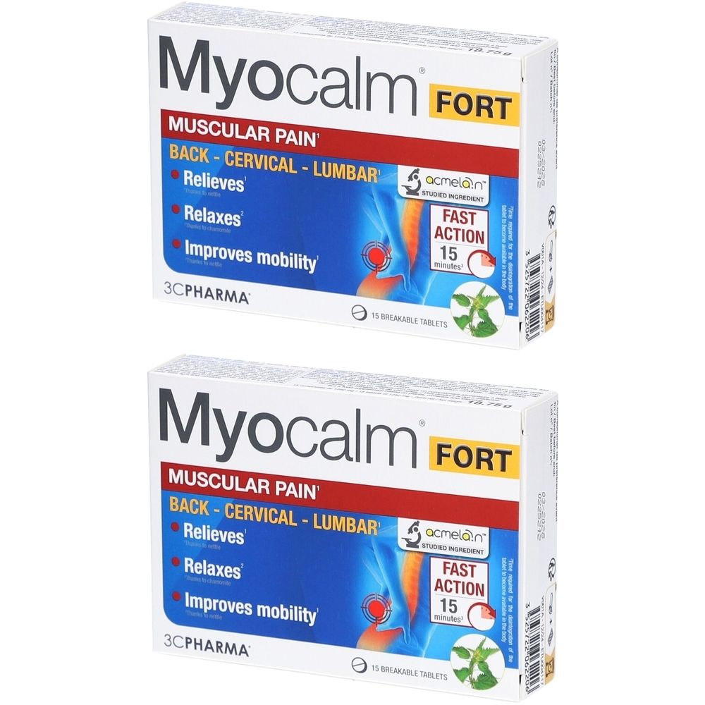 Zwei Schachteln mit der Aufschrift "Myocalm FORT". Auf der Verpackung steht "MUSKELSCHMERZEN" und "Rücken-Hals-Lendenbereich".
