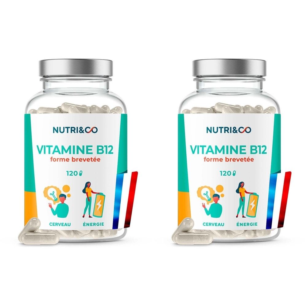 Deux flacons de NUTRI&CO Vitamine B12. Inscription : VITAMINE B12, forme brevetée, 120. Capsules et illustrations de cerveau et d'énergie sont visibles.