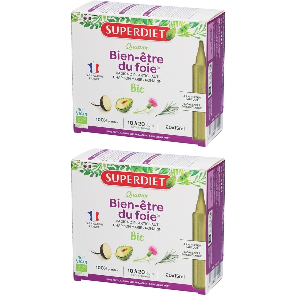 Zwei Kartons mit Superdiet Quatuor Bio. Aufschrift: Bien-être du foie. Vegan-Siegel und französische Herstellung.
