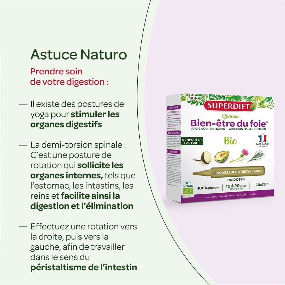 Superdiet Bien-être du foie Verpackung mit Informationen zu Inhaltsstoffen und Anwendung, daneben eine Darstellung von Artischocke und Avocado.