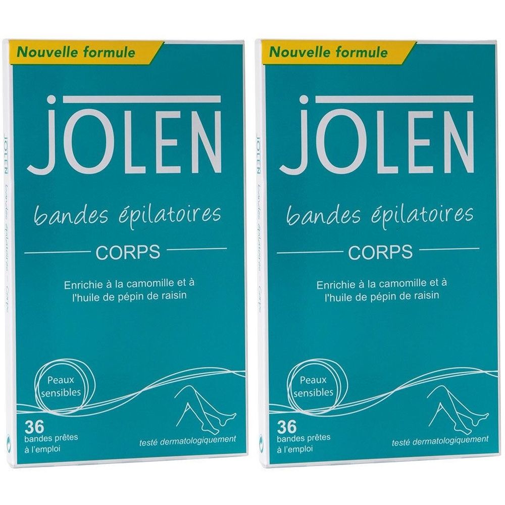 Deux boîtes de bandes dépilatoires Jolen Corps. Inscription "Nouvelle formule". Contient 36 bandes, pour peaux sensibles. Testé dermatologiquement.
