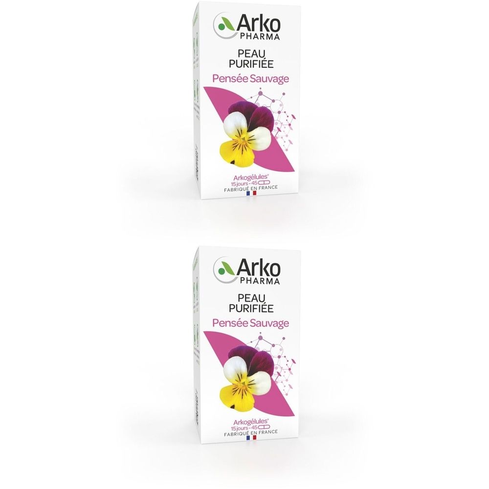 Deux boîtes blanches Arkopharma. Inscription : Peau Purifiée Pensée Sauvage. Illustration d'une fleur. Fabriqué en France.