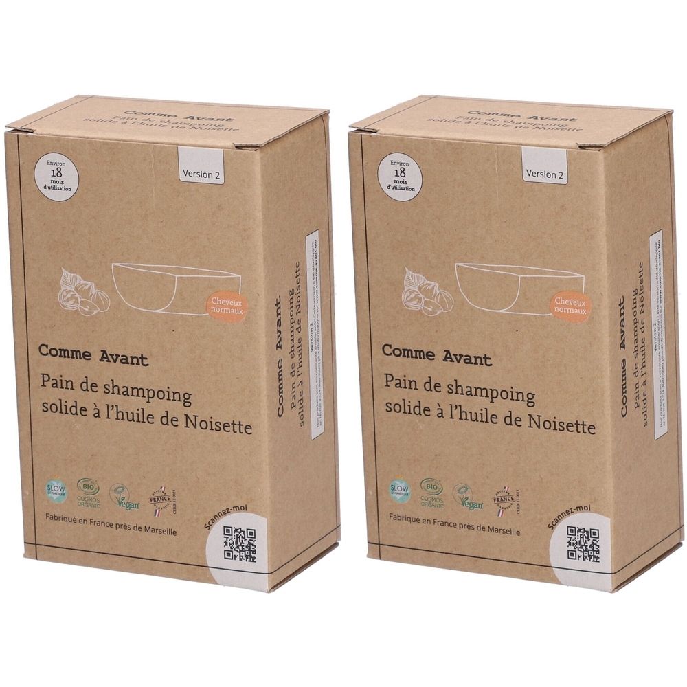 Zwei Kartons. Aufschrift: Comme Avant, Pain de shampoing solide à l'huile de Noisette. Mit Logos und QR-Code.