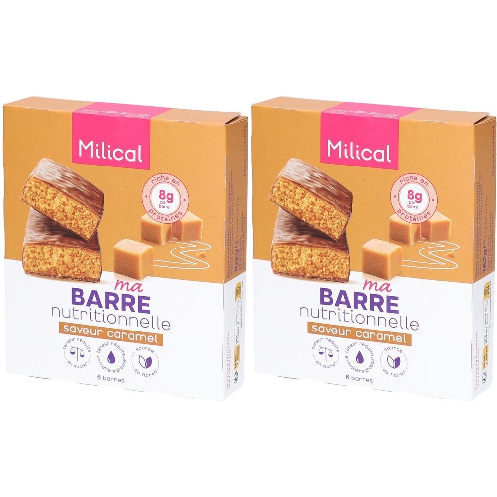 Zwei Kartons mit Milical-Riegeln. Aufschrift: Ma Barre nutritionnelle, Geschmack Caramel. Enthält 8g Protein. 6 Riegel pro Packung.