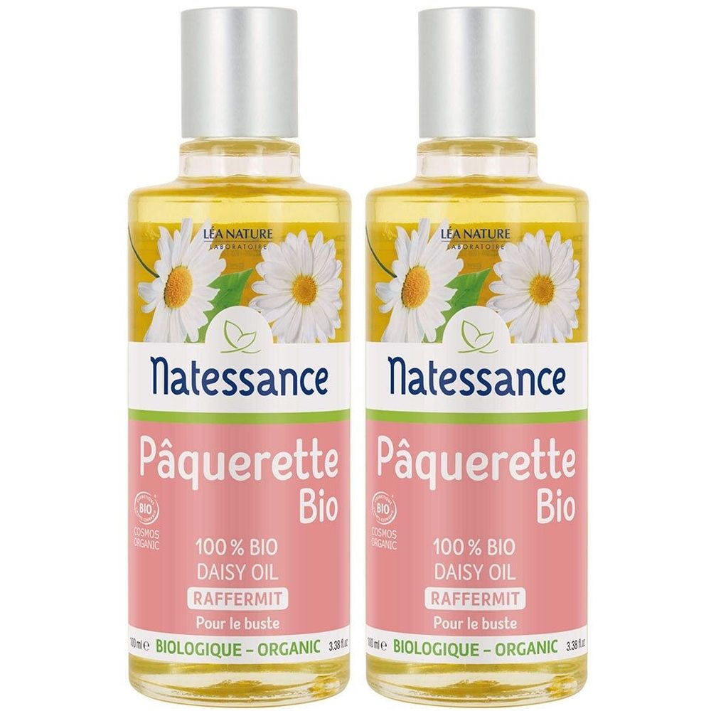 Zwei Flaschen mit gelber Flüssigkeit. Auf den Etiketten steht "Natessance Pâquerette Bio".