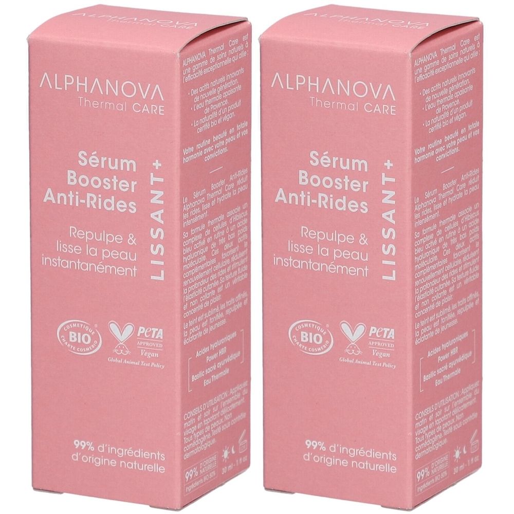 Deux boîtes roses ALPHANOVA Thermal CARE Sérum Booster Anti-Rides. Inscription : Repulpe & lisse la peau instantanément. Logos Bio et PETA.