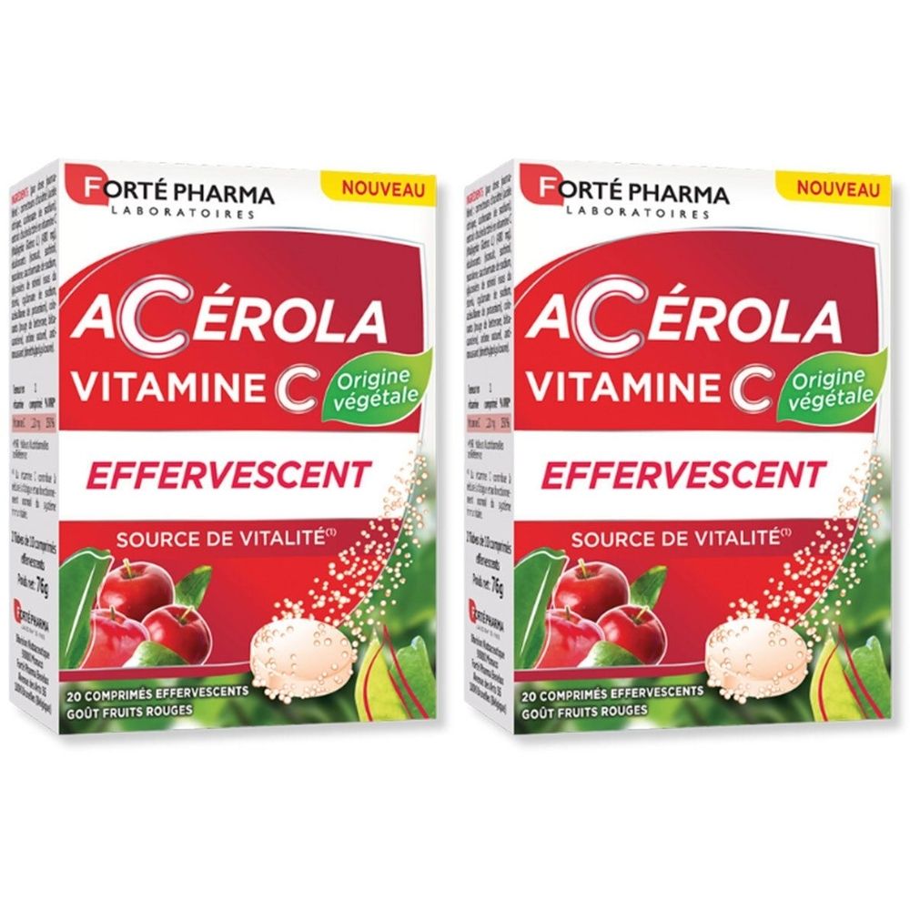 Zwei Packungen Forté Pharma Acérola Vitamin C. Weiße Verpackung mit rotem und grünem Design. Aufschrift: Effervescent.