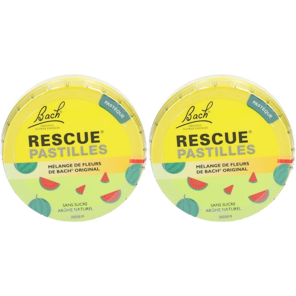 Zwei runde Dosen mit gelbem Deckel. Aufschrift: RESCUE PASTILLES, Mélange de fleurs de Bach Original. Wassermelonen-Illustrationen.