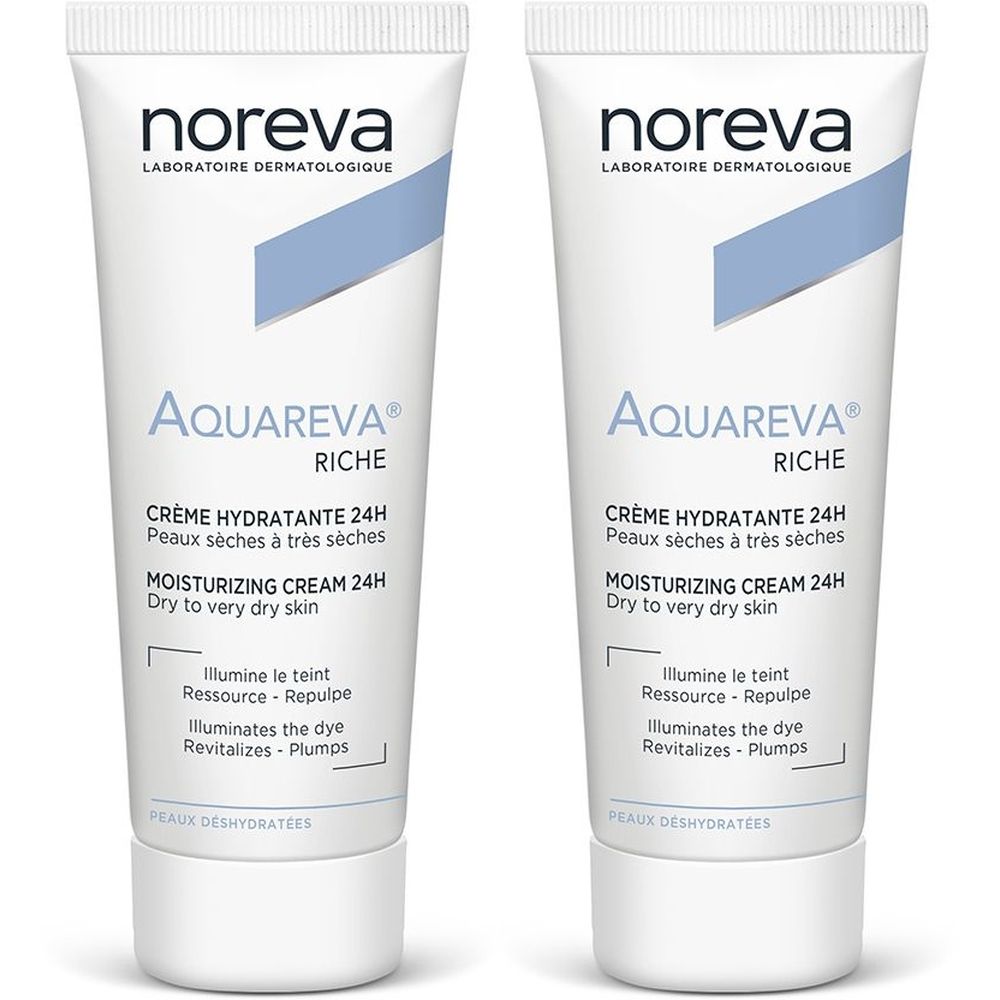 Zwei Tuben Creme. Aufschrift: Noreva, Aquareva Riche, Crème Hydratante 24H, Peaux sèches à très sèches, Moisturizing Cream 24H, Dry to very dry skin.