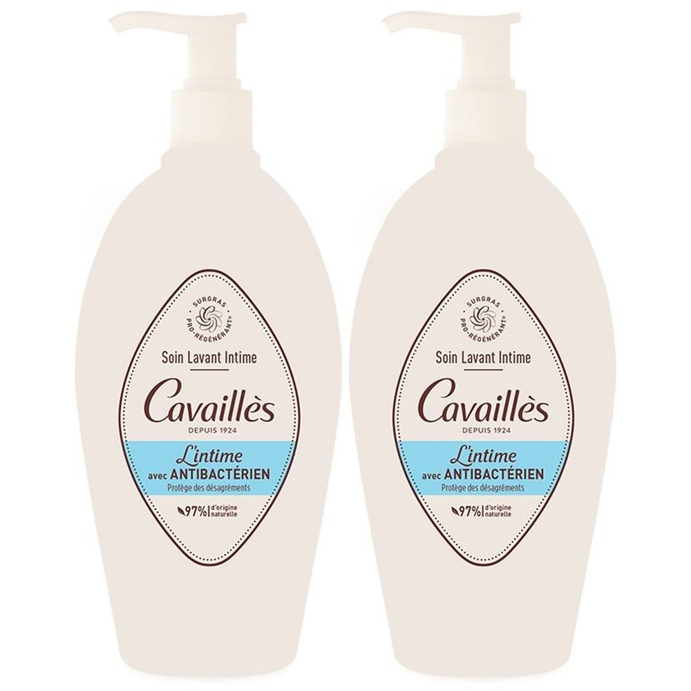 Zwei ovale Flaschen mit Spender. Aufschrift: Cavaillès, Soin Lavant Intime, L'intime avec Antibactérien. 97% natürliche Inhaltsstoffe.
