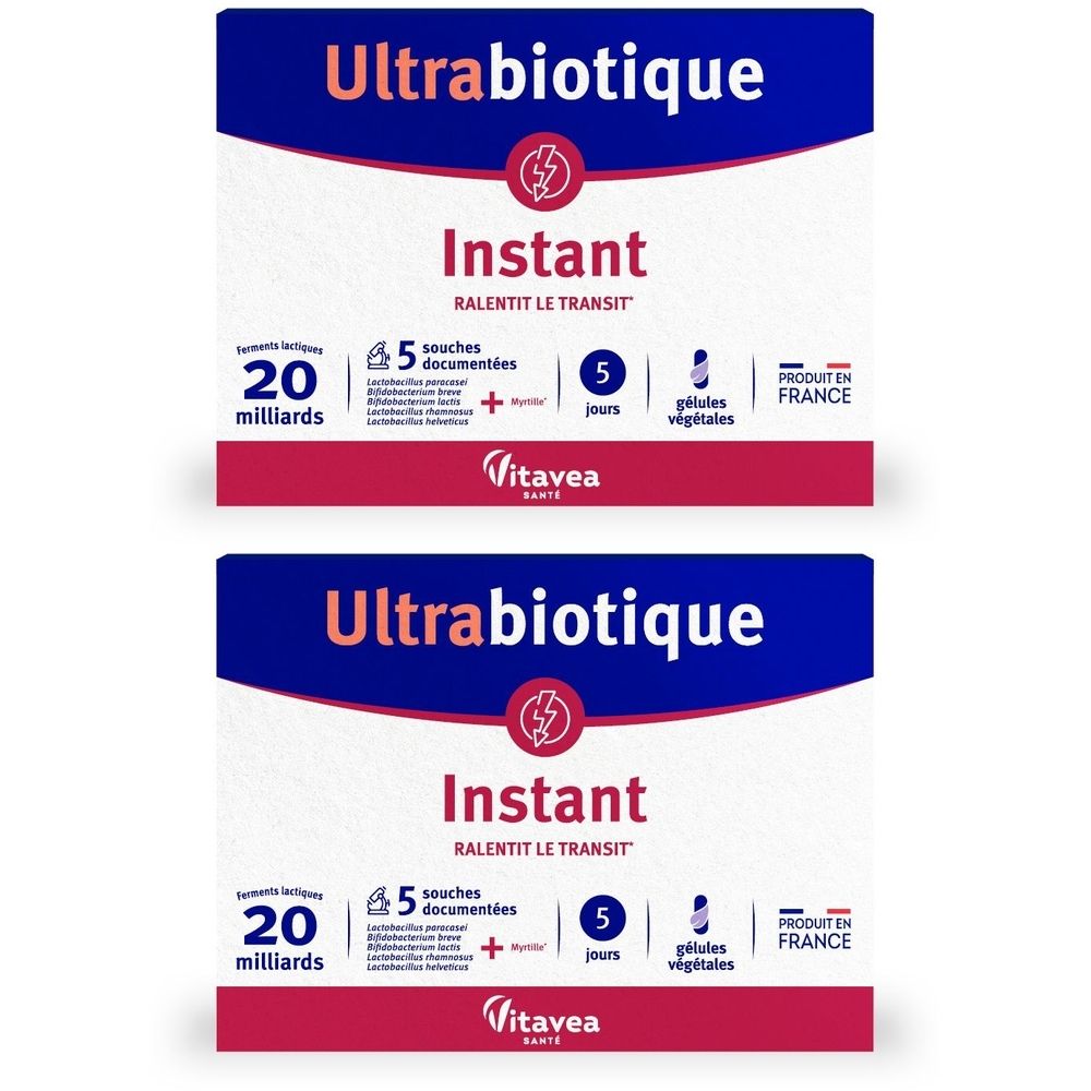 Zwei Packungen Ultrabiotique Instant. Blaue und weiße Verpackung mit Produktinformationen und Logo. "20 Milliarden", "5 jours", "Produit en France".