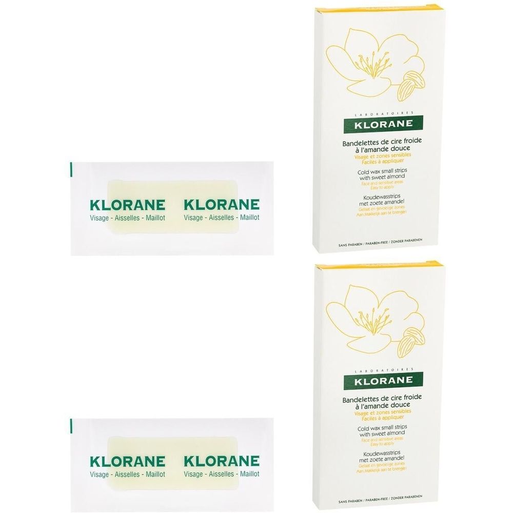 Verpackung mit Wachsstreifen und Kartons. Aufschrift: Klorane, Bandes de cire froide à l'amande douce.