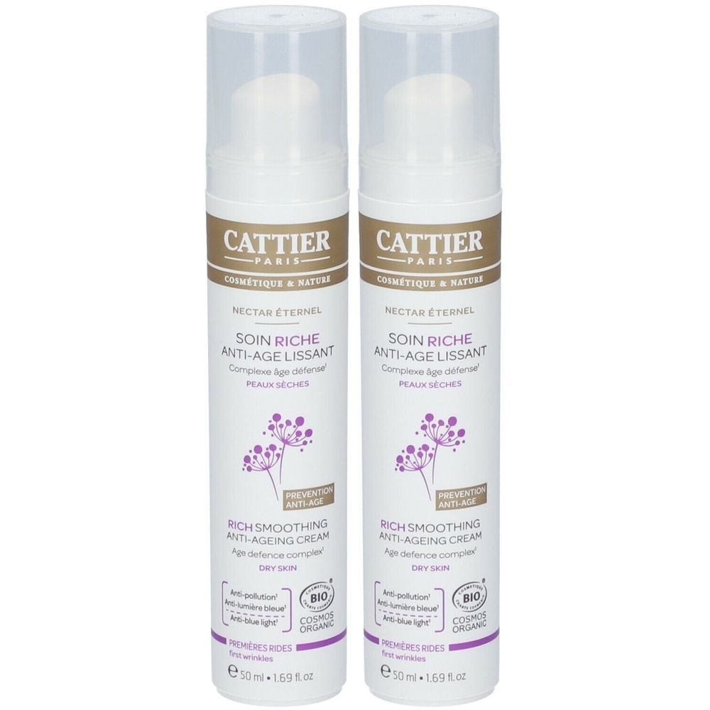 Zwei weiße Flaschen mit Creme. Aufschrift: CATTIER, Soin riche anti-âge lissant, Bio-Zertifizierung.