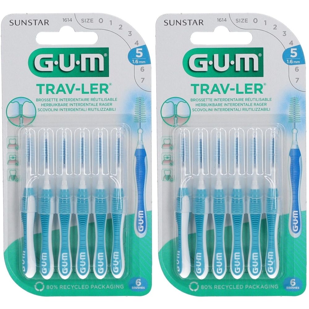 Paquet de brossettes interdentaires GUM Trav-Ler. Brossettes bleues, manches blancs. Taille 1,6 mm. 6 unités.