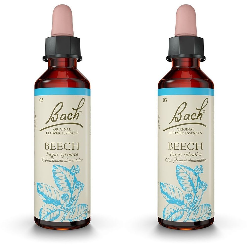 Zwei braune Flaschen mit Tropfer. Aufschrift: Bach Original Flower Essences, Beech, Fagus sylvatica, complément alimentaire.