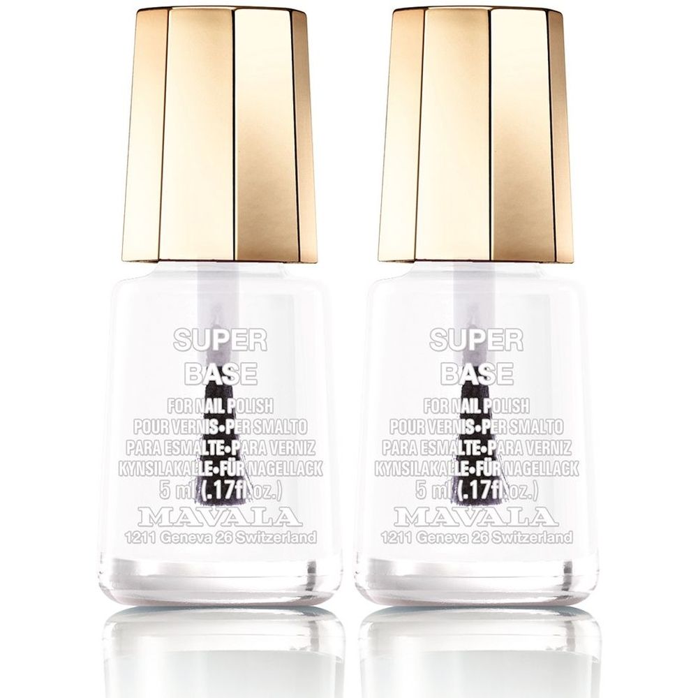 Zwei Flaschen Nagellack-Base mit goldenen Kappen. Aufschrift: SUPER BASE, FOR NAIL POLISH, MAVALA.