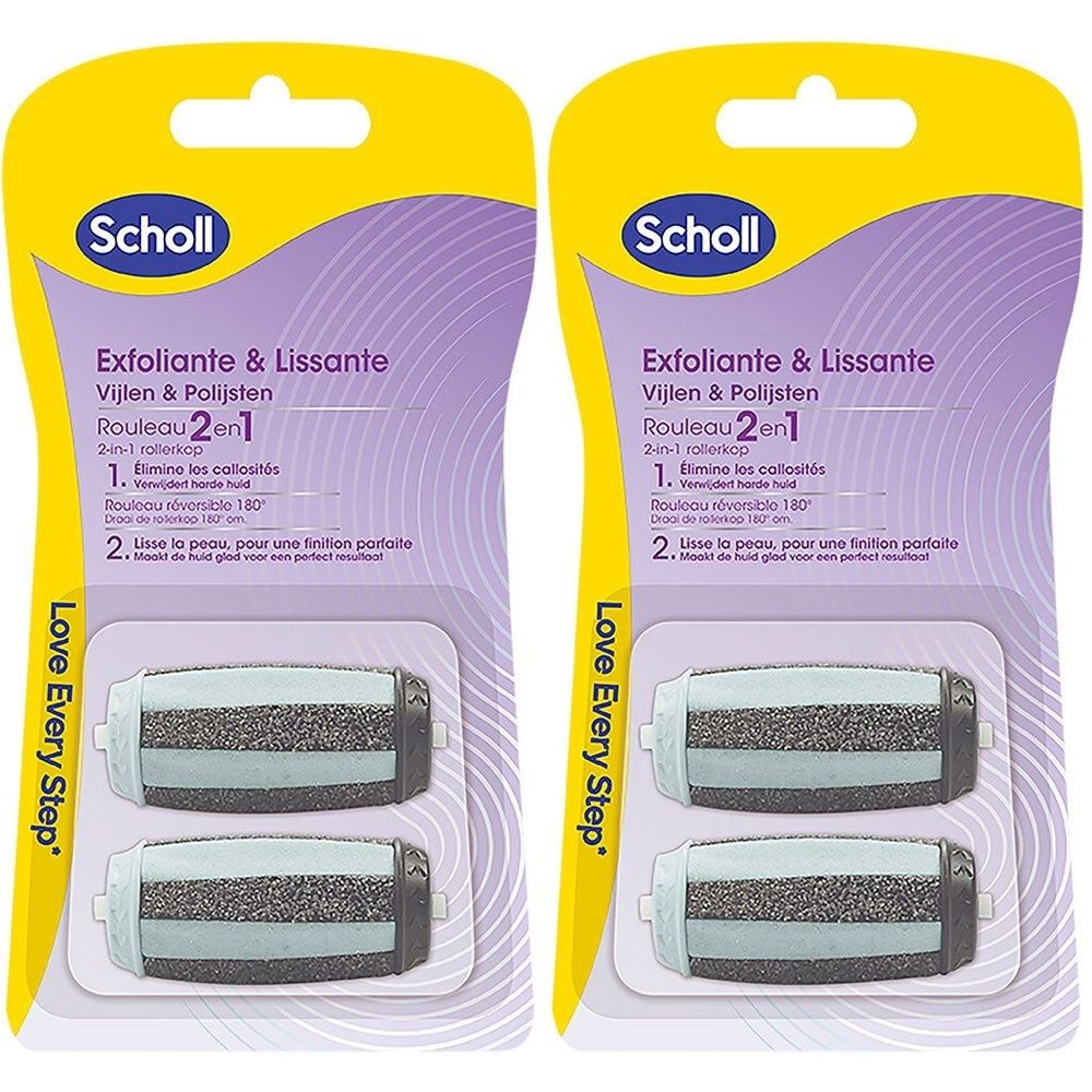Zwei Scholl-Verpackungen mit Rollen für die Fußpflege. Aufschrift: Exfoliante & Lissante, Rouleau 2 en 1. Enthält zwei Rollen.