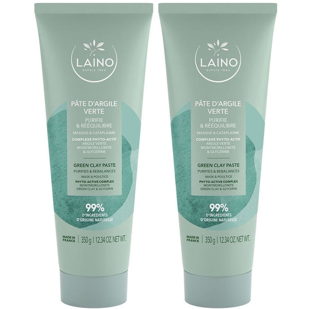Deux tubes de LAINO Pâte d'Argile Verte. Emballage vert et blanc. Texte : Pâte d'Argile Verte, Green Clay Paste, 99% d'ingrédients d'origine naturelle.