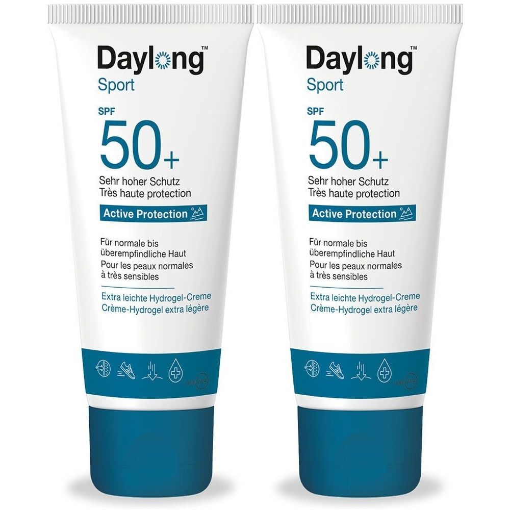 Zwei Tuben Daylong Sport Crème Hydrogel SPF50+. Weiße Tuben mit blauem Deckel. Text: SPF 50+, Active Protection, für empfindliche Haut.