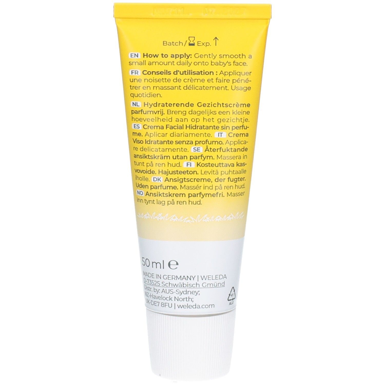 Rückseite der gelben Tube. Text in mehreren Sprachen. Enthält Informationen zur Anwendung und Inhaltsstoffe. Mit 50 ml Angabe.