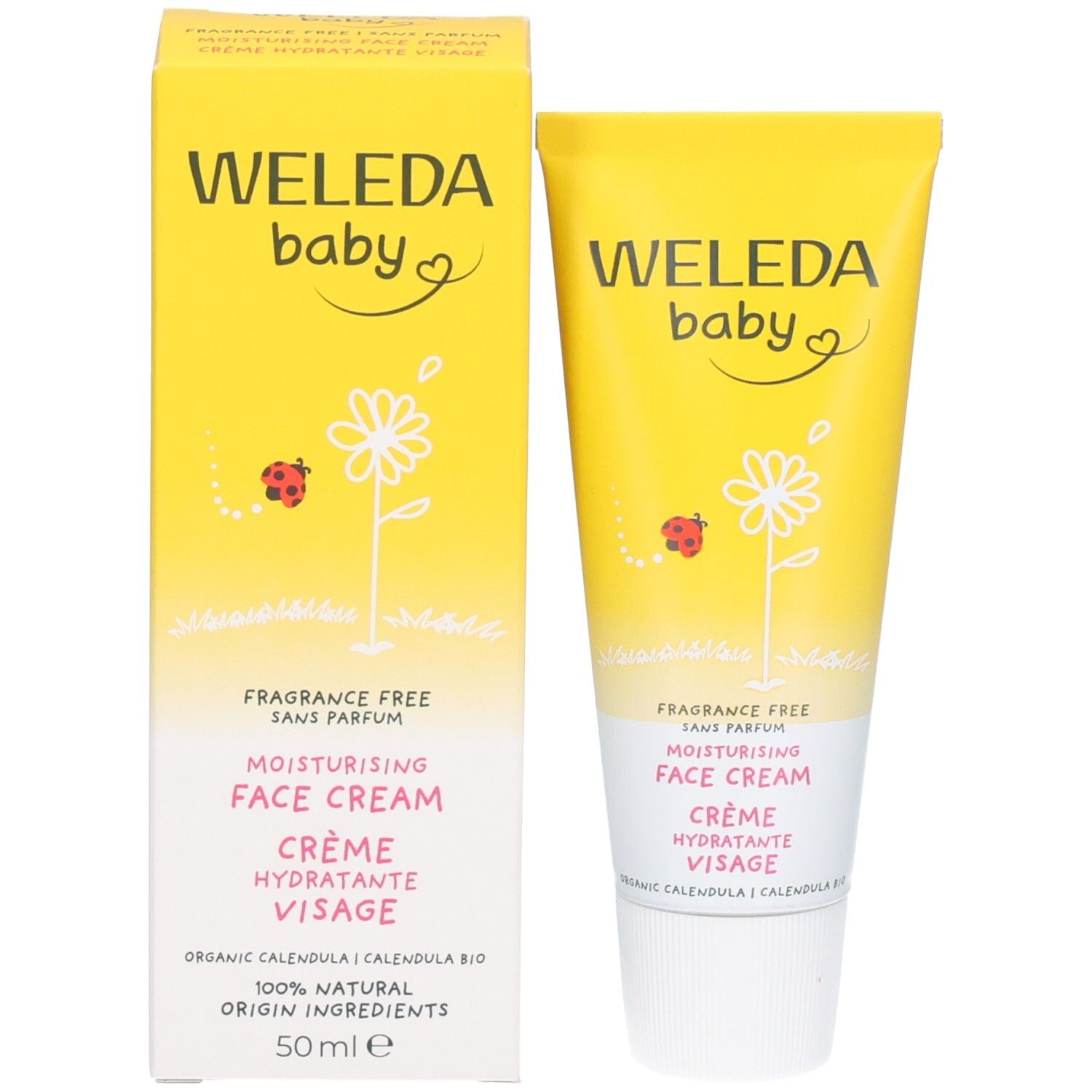 Produktverpackung. Gelbe Schachtel und Tube. Aufschrift: WELEDA baby, Gesichtspflege, ohne Parfum. Mit Kamille-Blüten-Illustration.