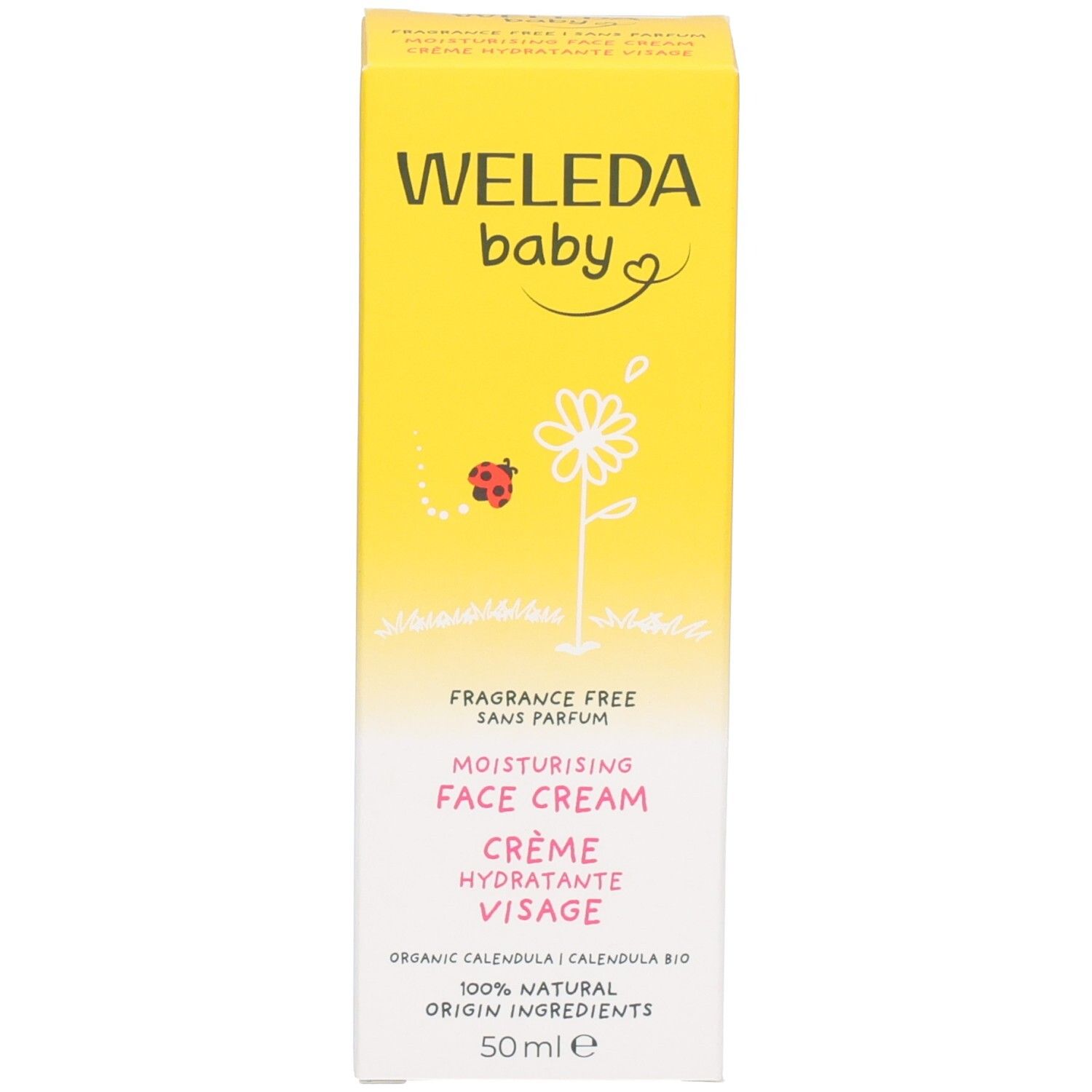 Gelbe Schachtel. Aufschrift: WELEDA baby, Gesichtspflege, ohne Parfum. Mit Kamille-Blüten-Illustration. 50 ml Angabe.