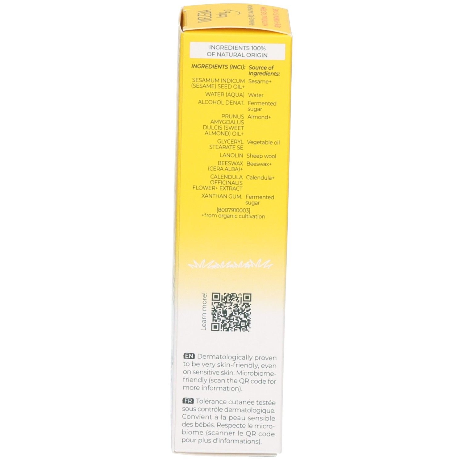 Rückseite der gelben Schachtel. Auflistung der Inhaltsstoffe. QR-Code. Text in englischer Sprache. Dermatologisch getestet.