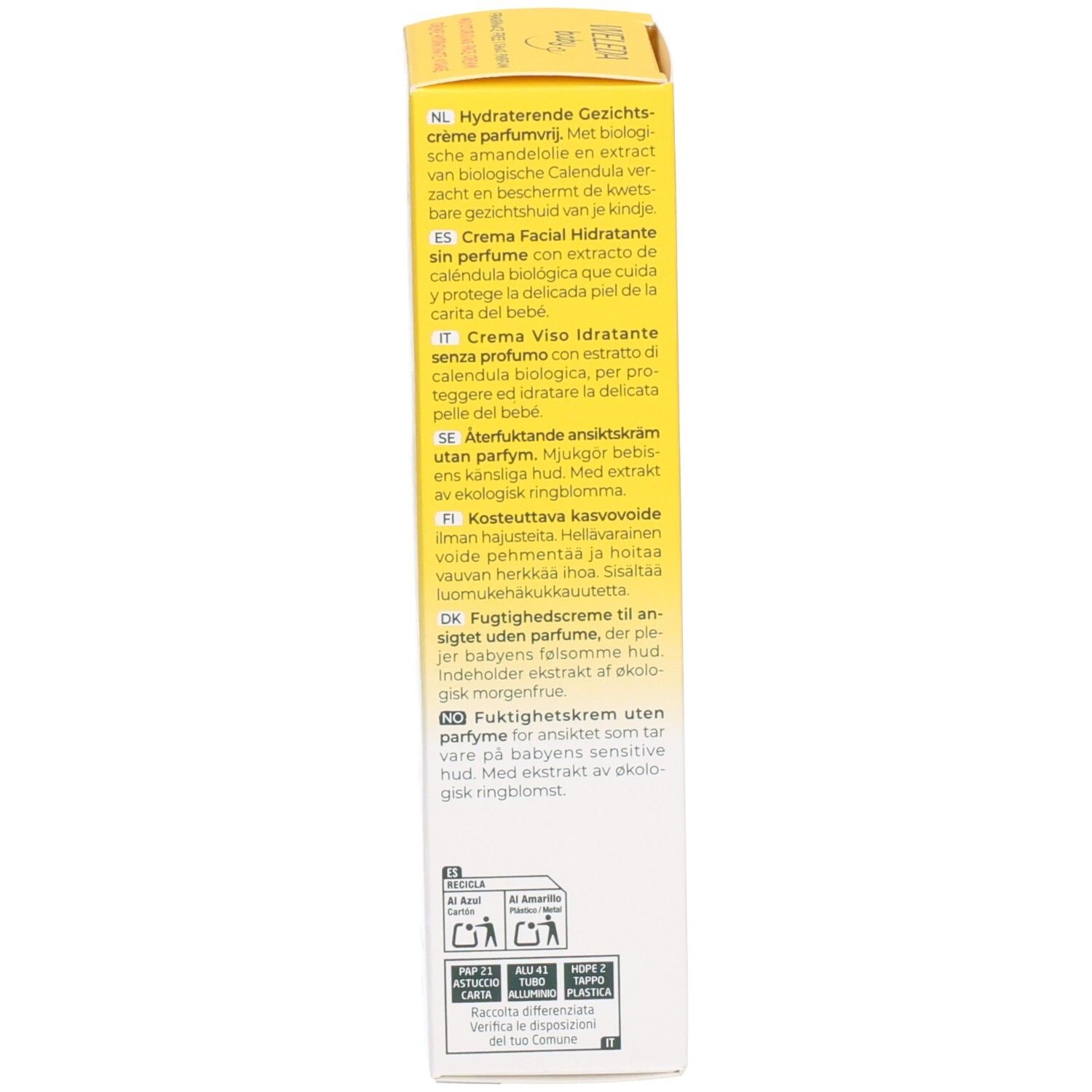 Seite der gelben Schachtel. Text in mehreren Sprachen. Informationen zur Anwendung und Vorteile. Mit Recycling-Symbolen.