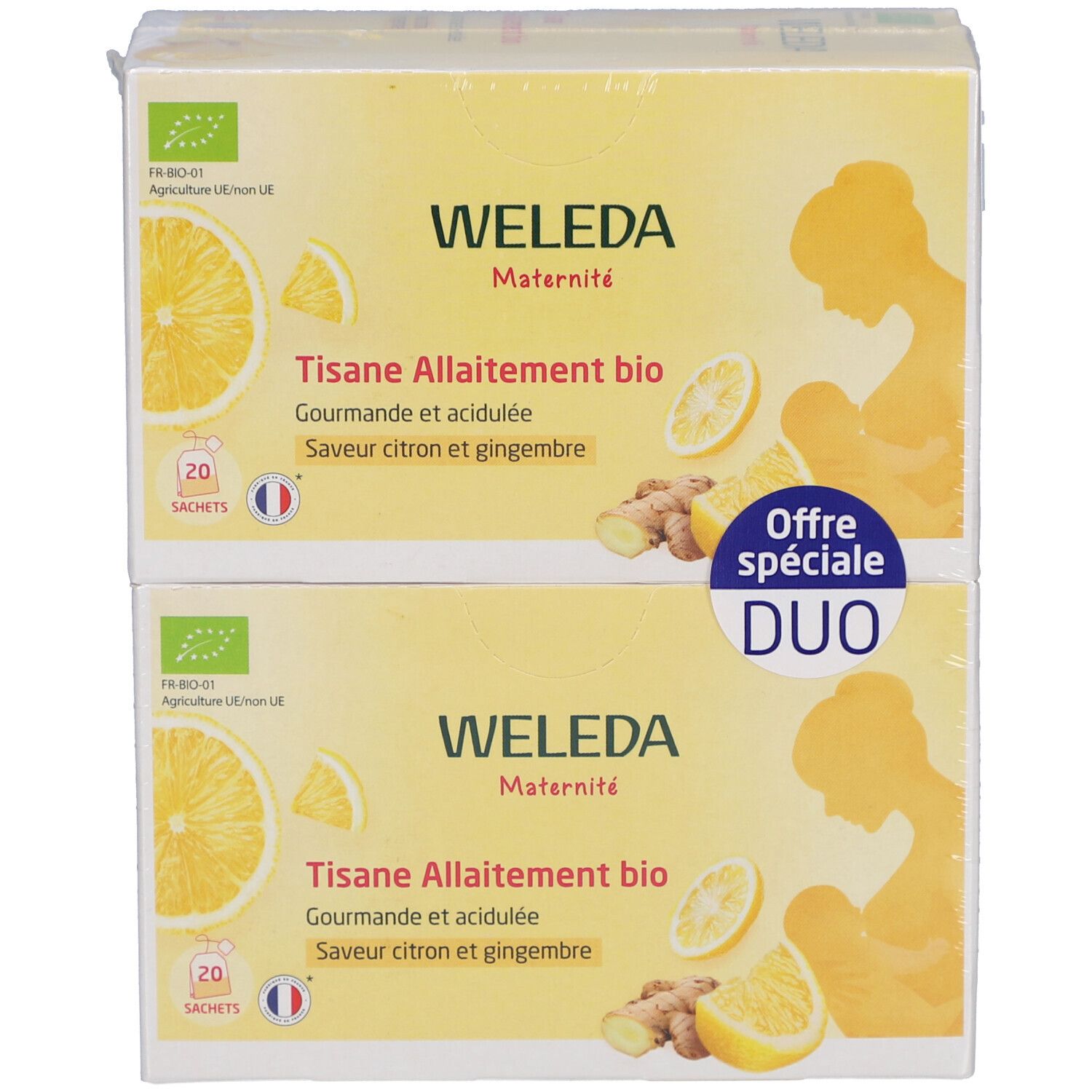 Deux boîtes de tisane WELEDA Maternité. Inscription: Tisane Allaitement bio, Saveur citron et gingembre. Offre Duo.