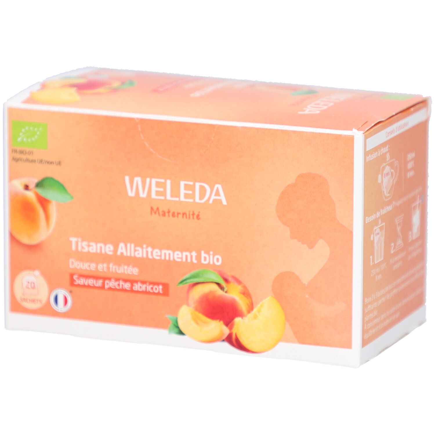 Karton mit WELEDA-Logo und Text. Abbildung von Pfirsich und Aprikose. Text: Tisane Allaitement bio, Douce et fruitée, Saveur pêche abricot.